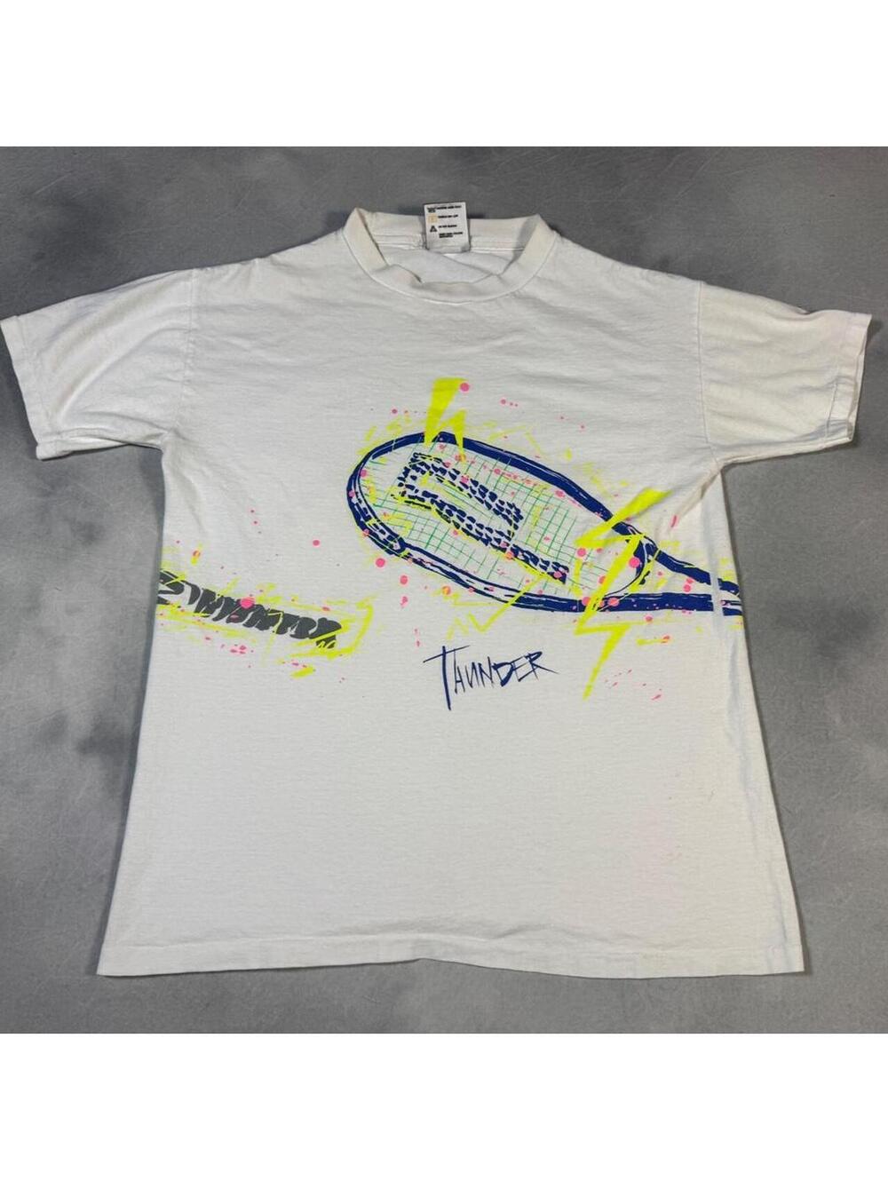 Vintage 90s Prince Thunder Tennis T Shirt Made in USA Neon Single Stitch